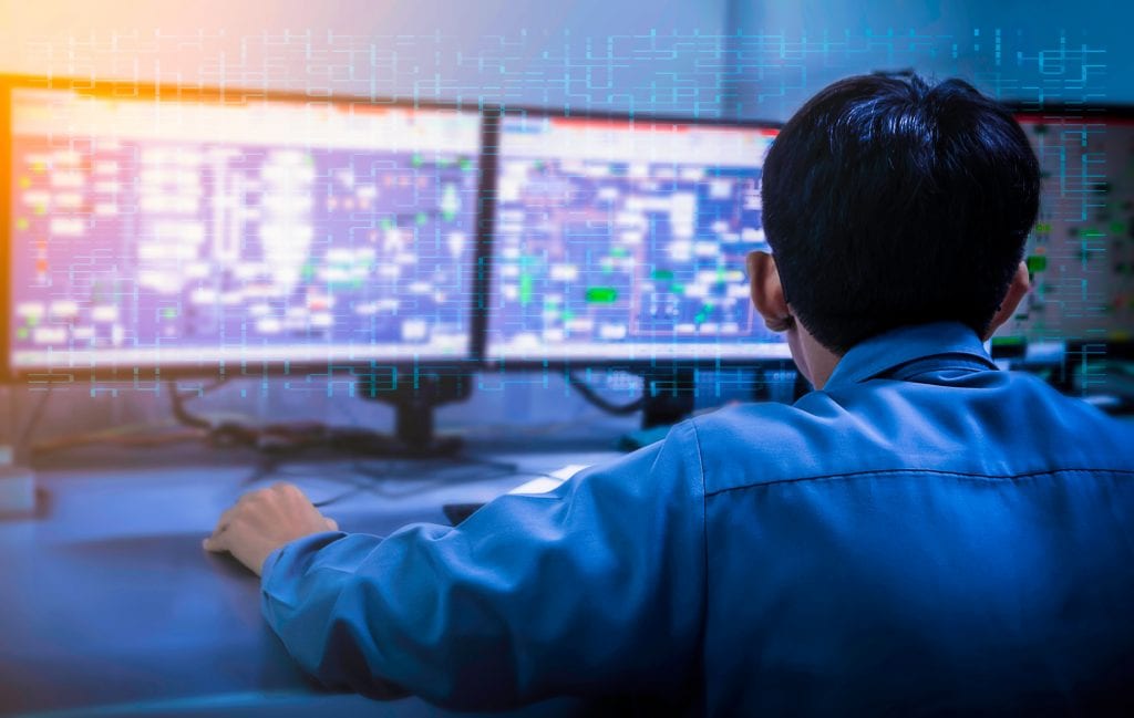 EngineeringLandscape of works with the tablet in the production control room.Control room of a steam Turbine,Generators of the coal-fired power plant for monitor process, business and industry concept